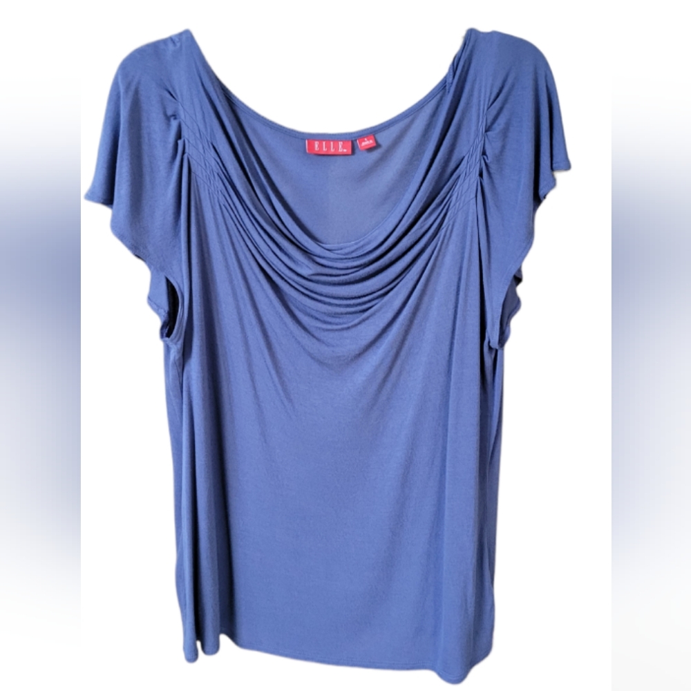 Elle draped neck short sleeved top in slate blue, size L.